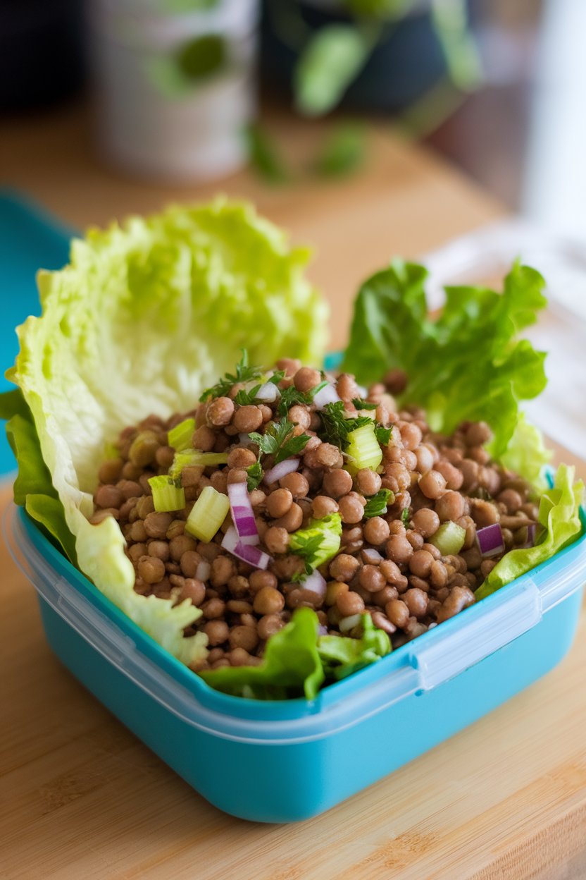 Indoor lunch container featuring crisp butter lettuce leaves filled with lemony lentil salad. No text or logos.