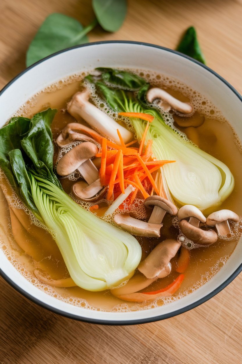An indoor bowl of light miso broth with floating baby bok choy, mushrooms, and shredded carrots. No text or logos. Photo, not illustration.