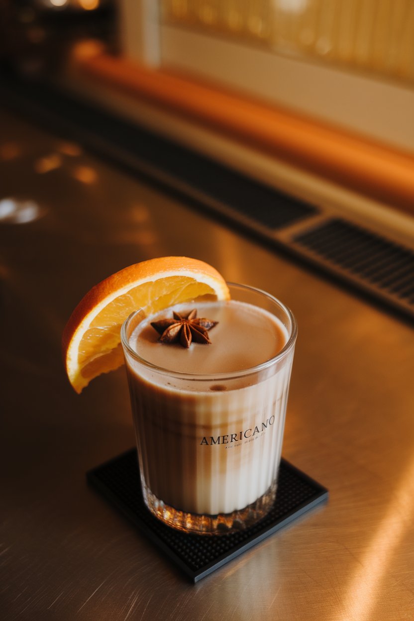 Indoor bar top with a clear glass of Americano, thin orange wheel resting on the rim, star anise floating on the surface. Warm lighting and no visible branding. Photo only.