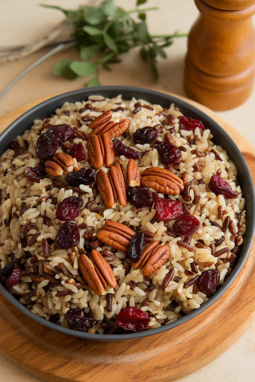 An indoor serving dish of wild rice mixed with dried cranberries and toasted pecans; photo only, no text or logos.