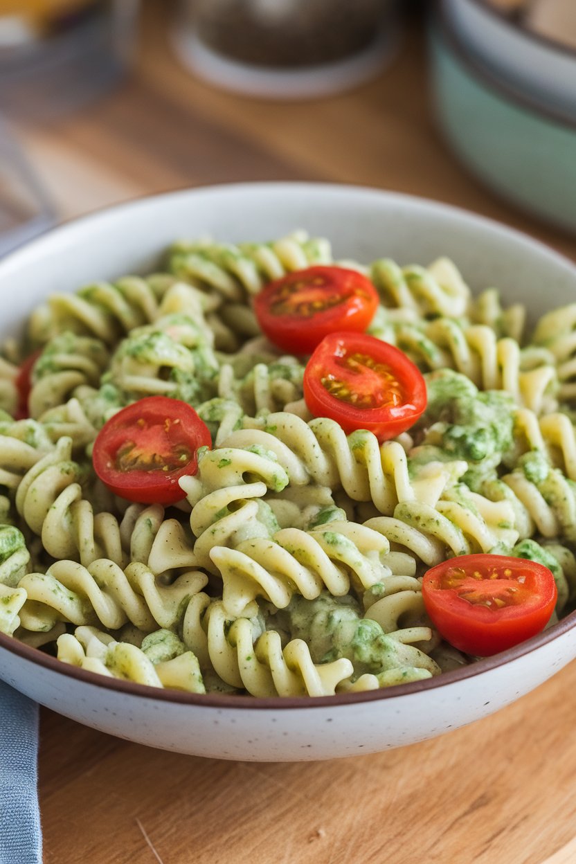 Indoor bowl of rotini coated in a creamy green cottage cheese pesto sauce, cherry tomato halves dotted around. No text or logos.