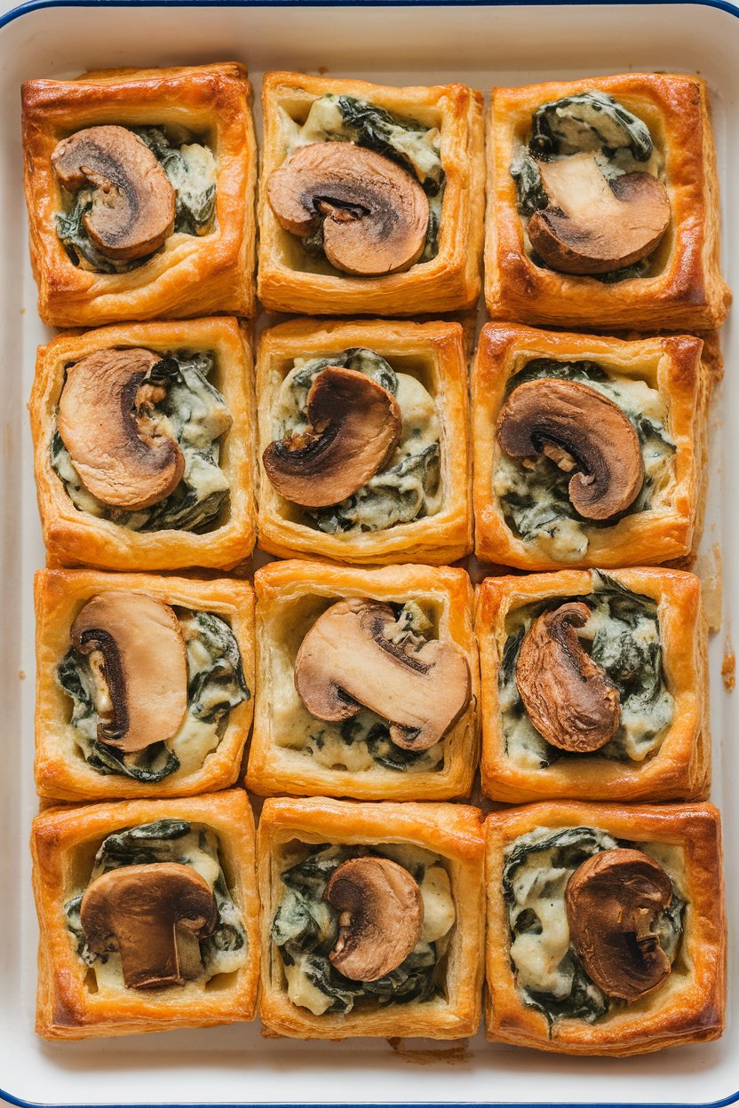 Indoor tray holding puff pastry squares filled with creamy mushroom and spinach mixture, golden brown and flaky. No text or logos. Photo only.