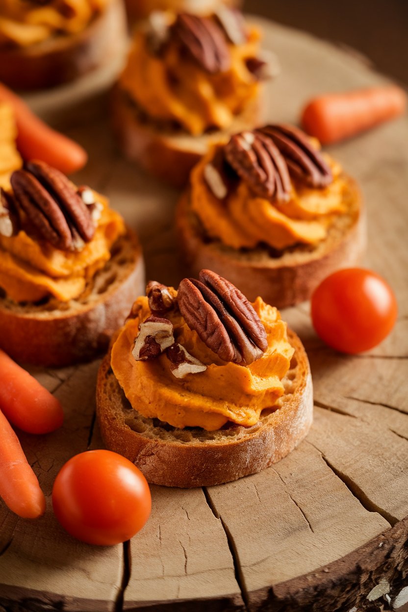 An indoor appetizer platter with toasted baguette rounds topped with whipped sweet potato, pecan pieces, and a drizzle of maple syrup. No text or logos.