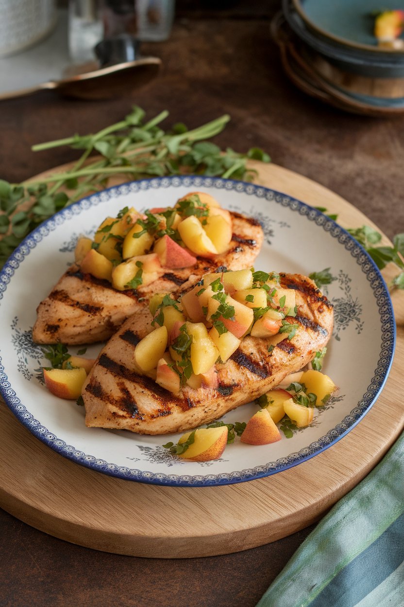 Indoor serving plate with grilled chicken breasts topped with fresh peach salsa. No logos or text present.