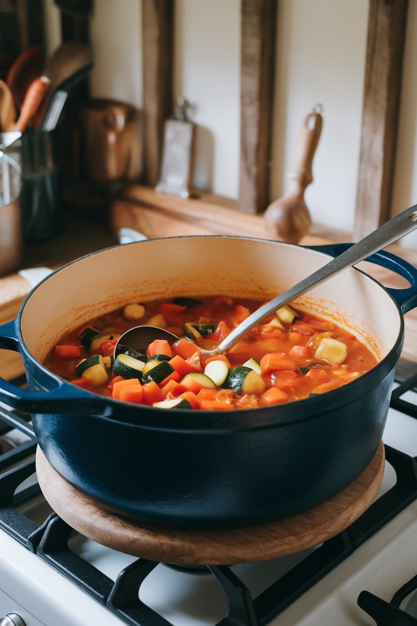 An indoor Dutch oven filled with chunky vegetable soup—carrots, zucchini, tomatoes—on a stovetop, ladle resting inside. No text or logos on pot.