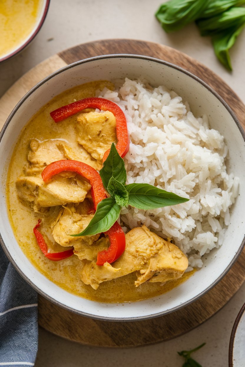 Indoor photo of a shallow bowl of golden coconut curry with tender chicken pieces, red bell pepper strips, and basil leaves over jasmine rice, no text or logos