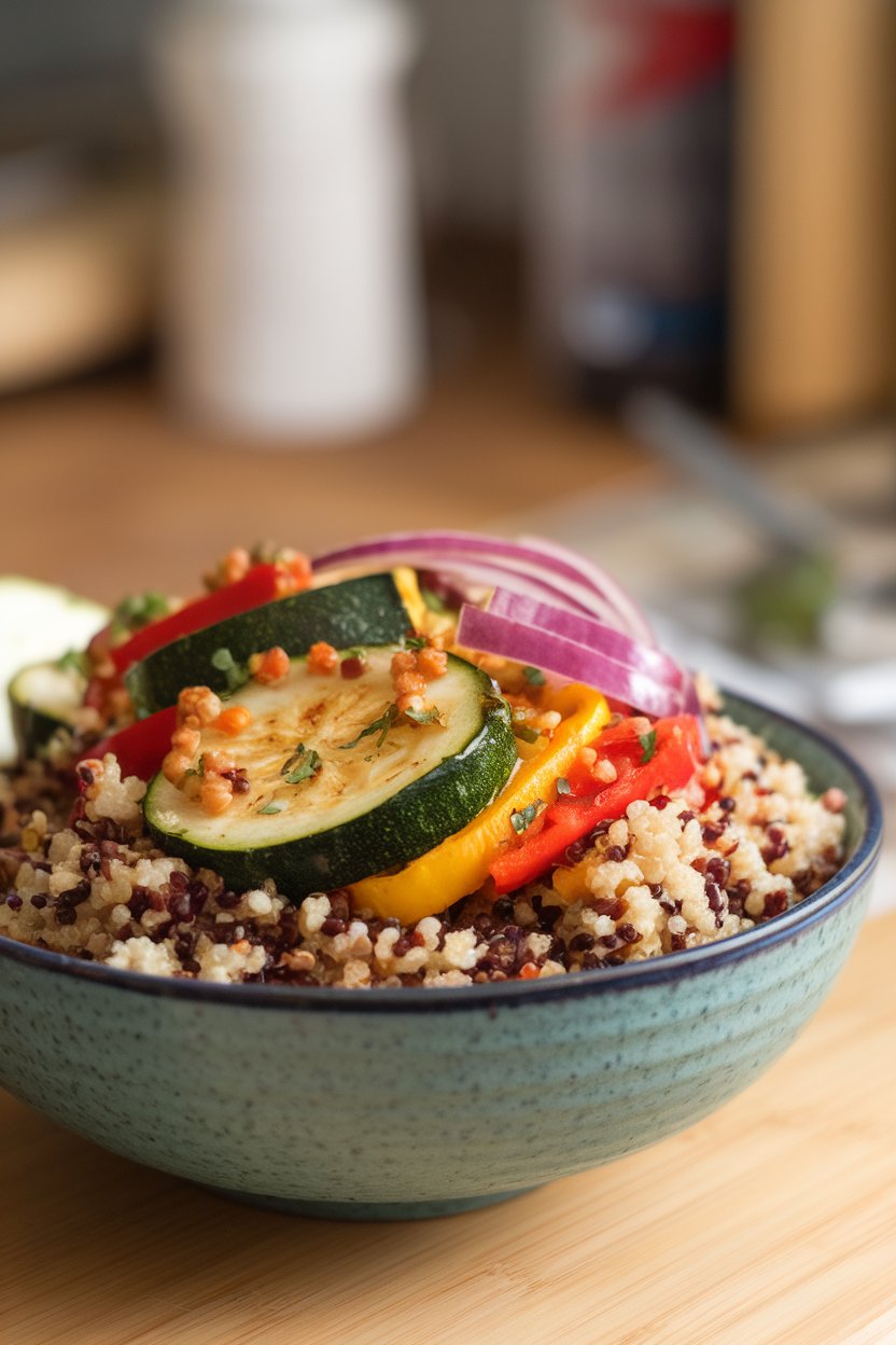 Indoor bowl filled with tricolor quinoa, roasted zucchini, peppers, and red onion, lightly dressed. No logos or text; photo.