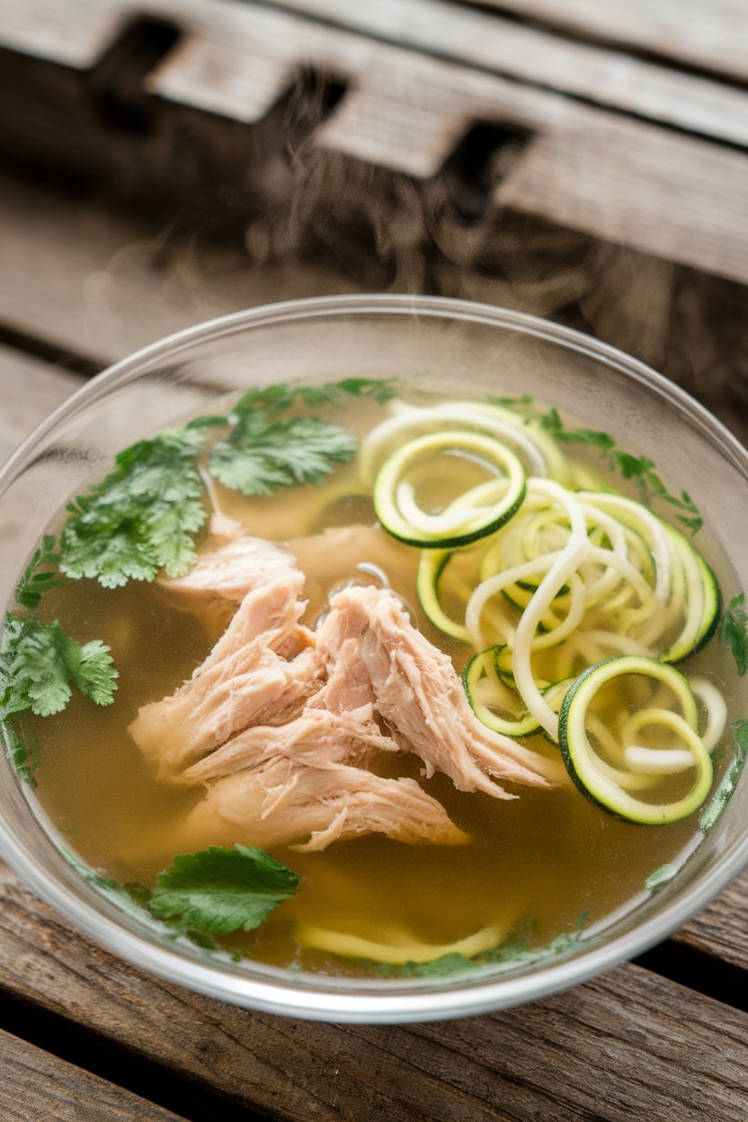 Indoor photo of clear broth with spiralized zucchini noodles, shredded chicken, and herbs, steam visible; no text or logos