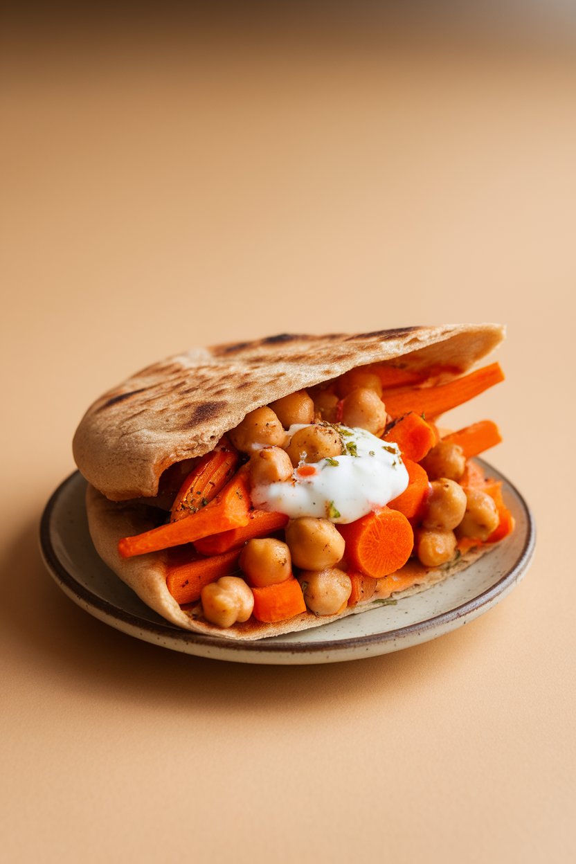 Indoor photo of a whole-wheat pita half overstuffed with spiced roasted carrots, chickpeas, and a dollop of yogurt, displayed on a small plate. No logos or text.