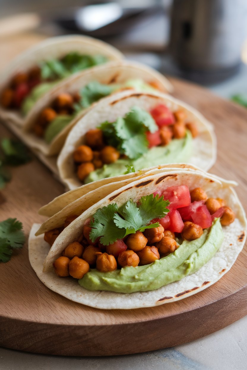 Indoor photo of corn tortillas filled with smoky chickpeas, diced tomatoes, and avocado crema. No text or logos.