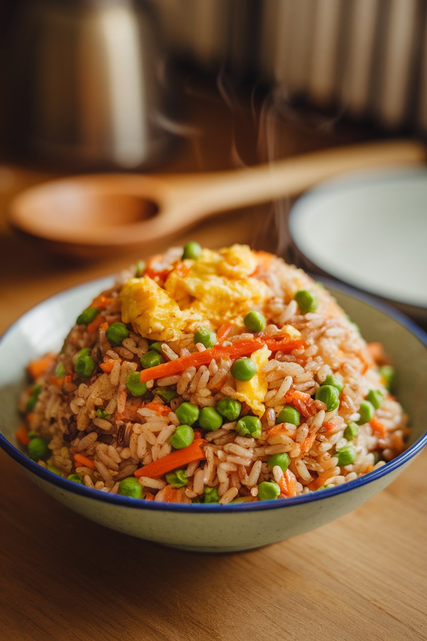 A bowl on an indoor kitchen table brimming with colorful fried rice dotted with peas, carrots, scrambled egg, and brown rice grains steaming slightly. No text or logos. Photo.