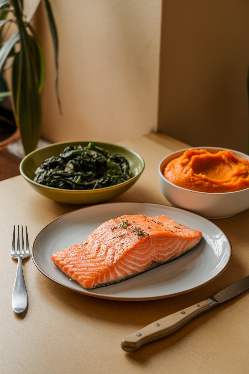 Photo of a warmly lit indoor dining table featuring a cooked salmon fillet with a side of sautéed spinach and sweet potato mash. No raw fish, text, or logos in the scene.