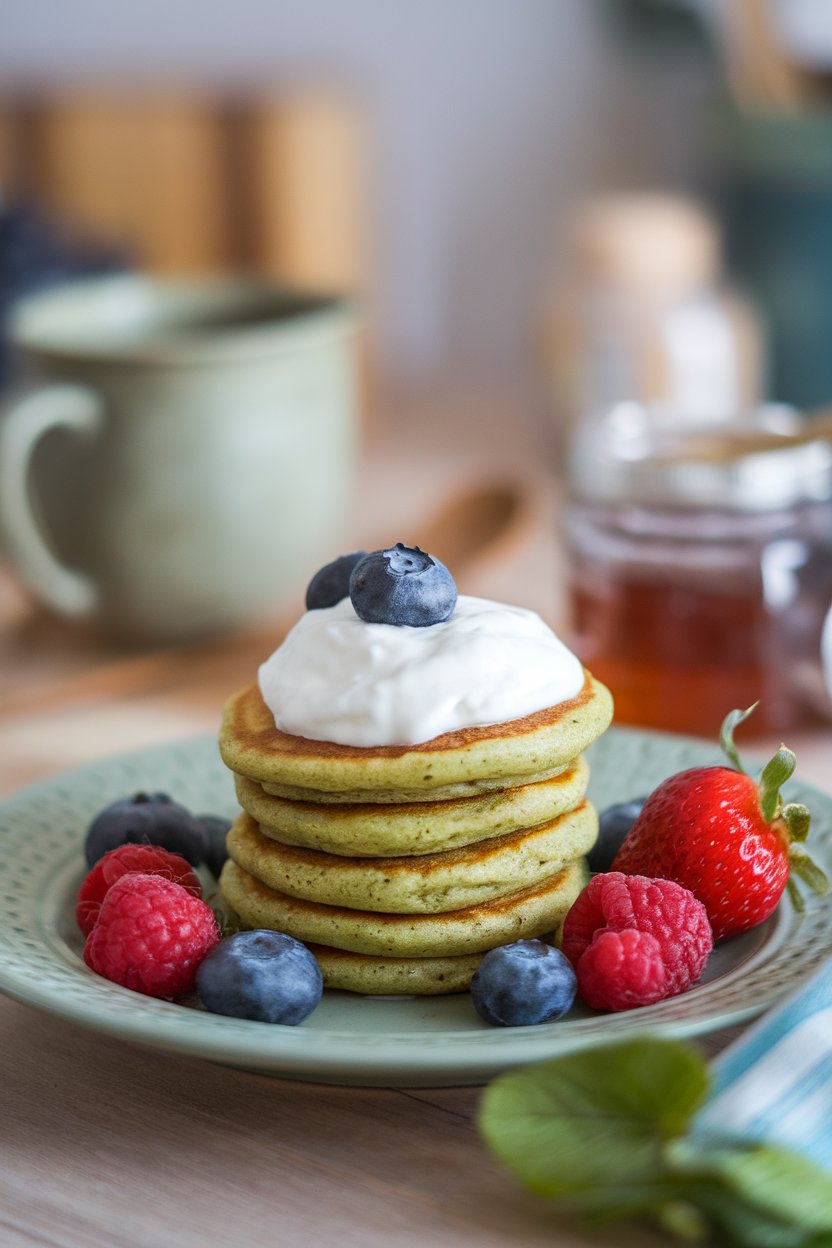 An indoor breakfast plate featuring small green pancakes stacked neatly, Greek yogurt dollop on top, berries on the side. No text or logos. Photo.