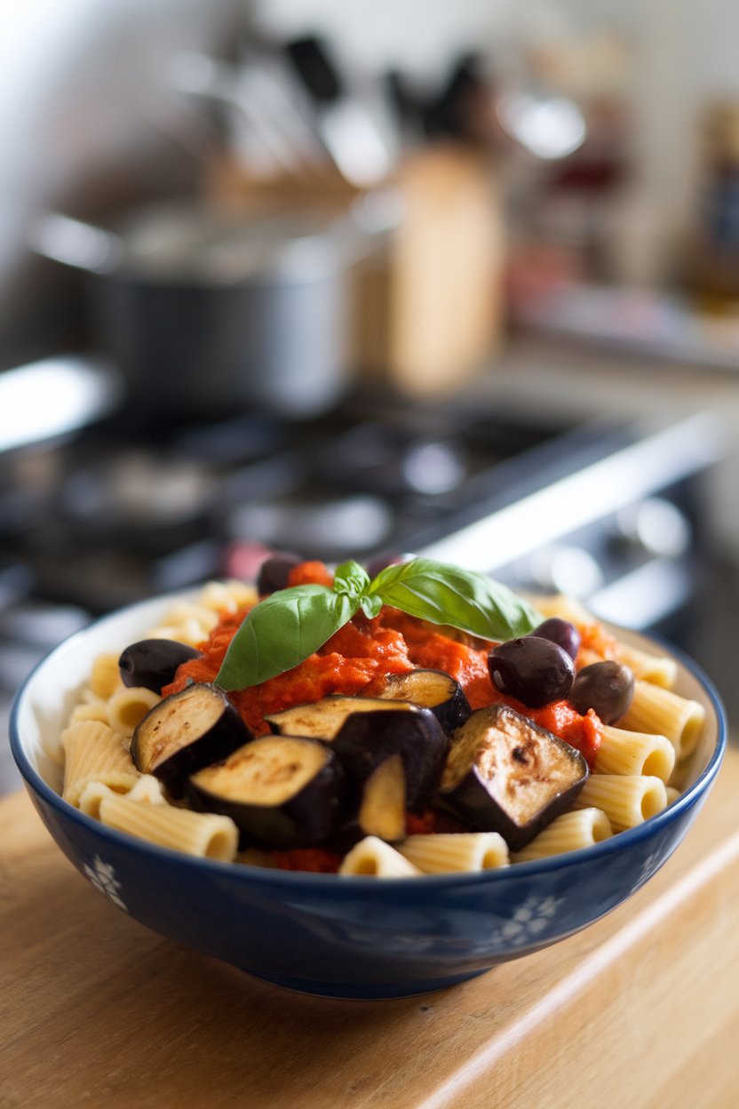 Photo of an indoor pasta bowl filled with rigatoni, sautéed eggplant cubes, Kalamata olives, and tomato sauce; no text or logos