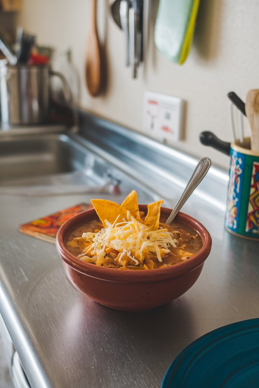 Indoor Tex-Mex kitchen counter with bowl of chicken tortilla soup, fried tortilla strips and cheese on top. No text or logos. Photo.