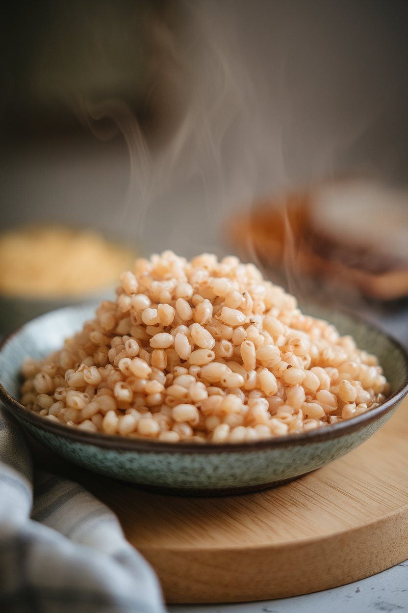 Photo of cooked pearl barley piled in a shallow bowl indoors, steam gently rising, no text or logos