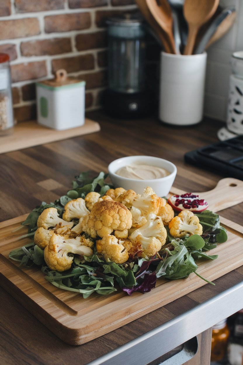 Indoor kitchen island displaying golden roasted cauliflower florets over mixed greens with a drizzle of creamy tahini sauce and pomegranate arils. Photo only, no text or logos.
