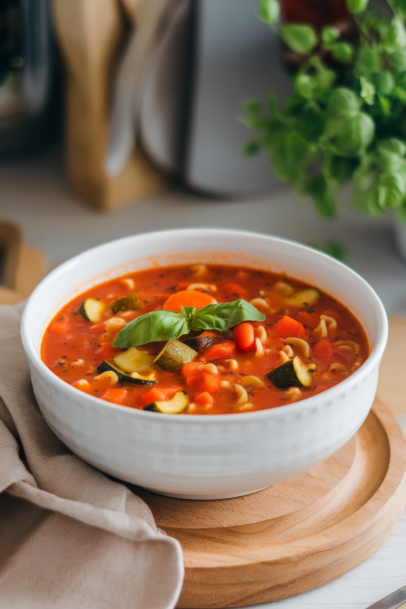 Indoor photo of a colorful minestrone soup with visible zucchini, carrots, beans, and whole-wheat pasta in a tomato broth, served in a white bowl. No logos or text.