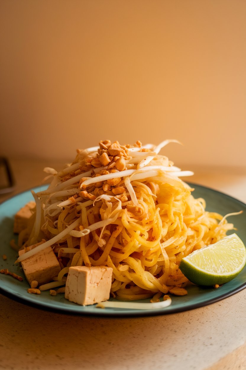 Indoor photo of a plate of spaghetti-squash noodles tossed with tofu cubes, bean sprouts, and crushed peanuts, lime wedge on side. No text or logos.
