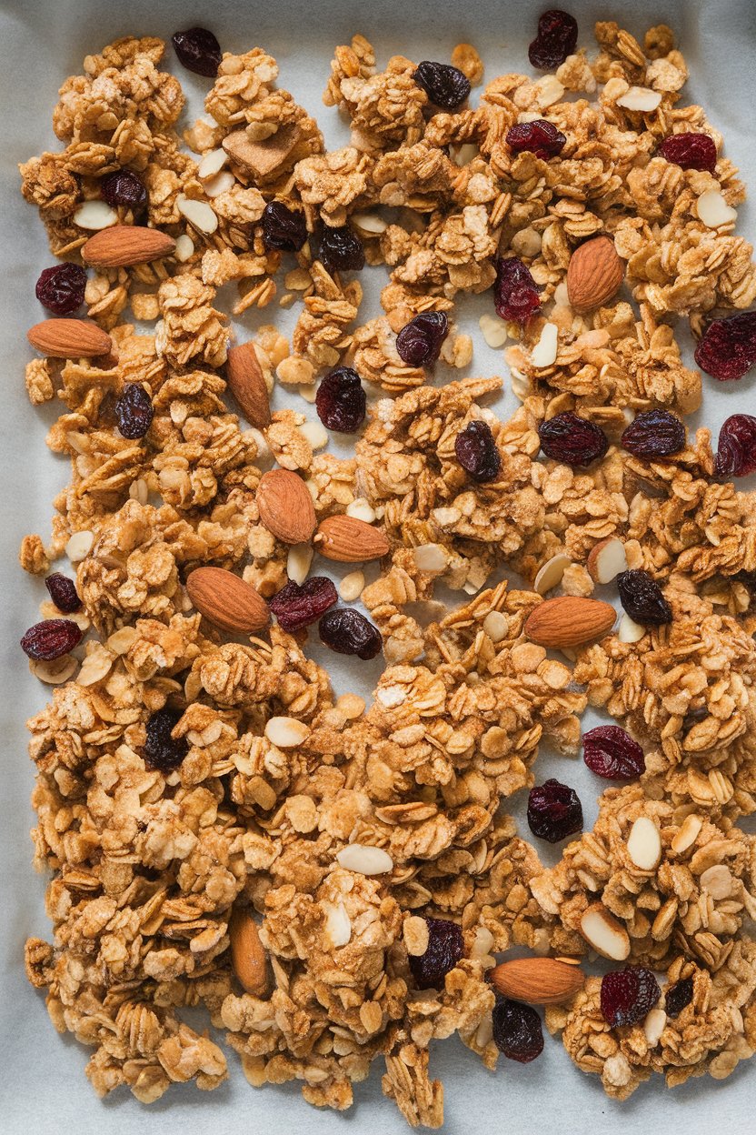 Indoor photo of golden granola clusters spread across a parchment-lined baking sheet, studded with almonds and dried cranberries; no text or logos.