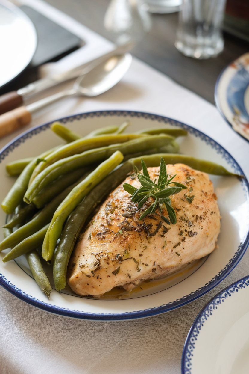 An indoor table with a herb-seasoned baked chicken breast alongside steamed green beans; no text or logos. Photo.