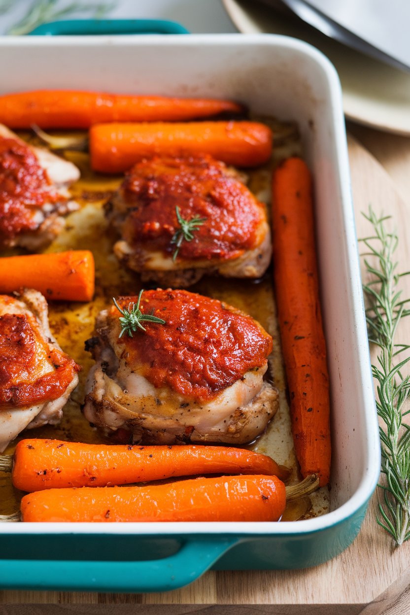 Indoor photo of a baking dish with roasted chicken thighs glazed in harissa and sweet roasted carrots. No text or logos.