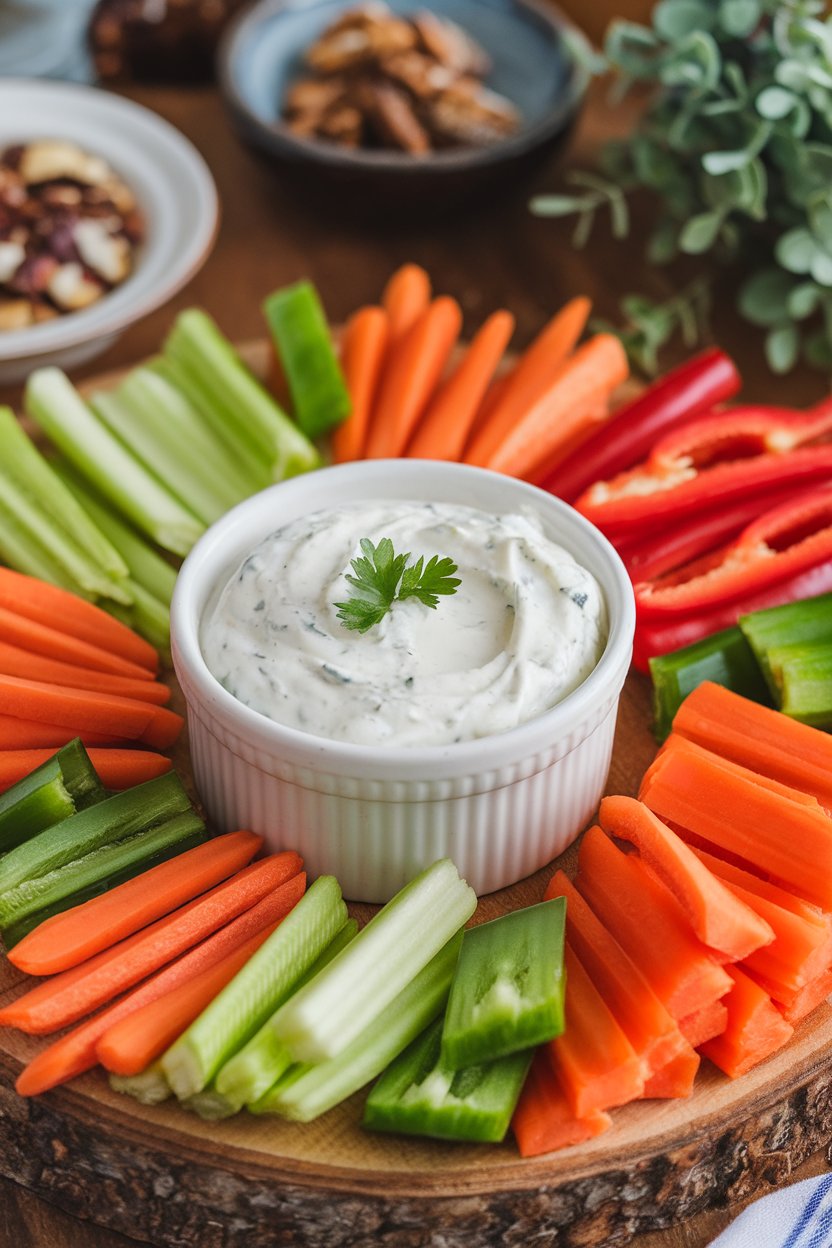 Photo of a ramekin of creamy yogurt ranch dip surrounded by sliced veggies on an indoor snack board. No text or logos.