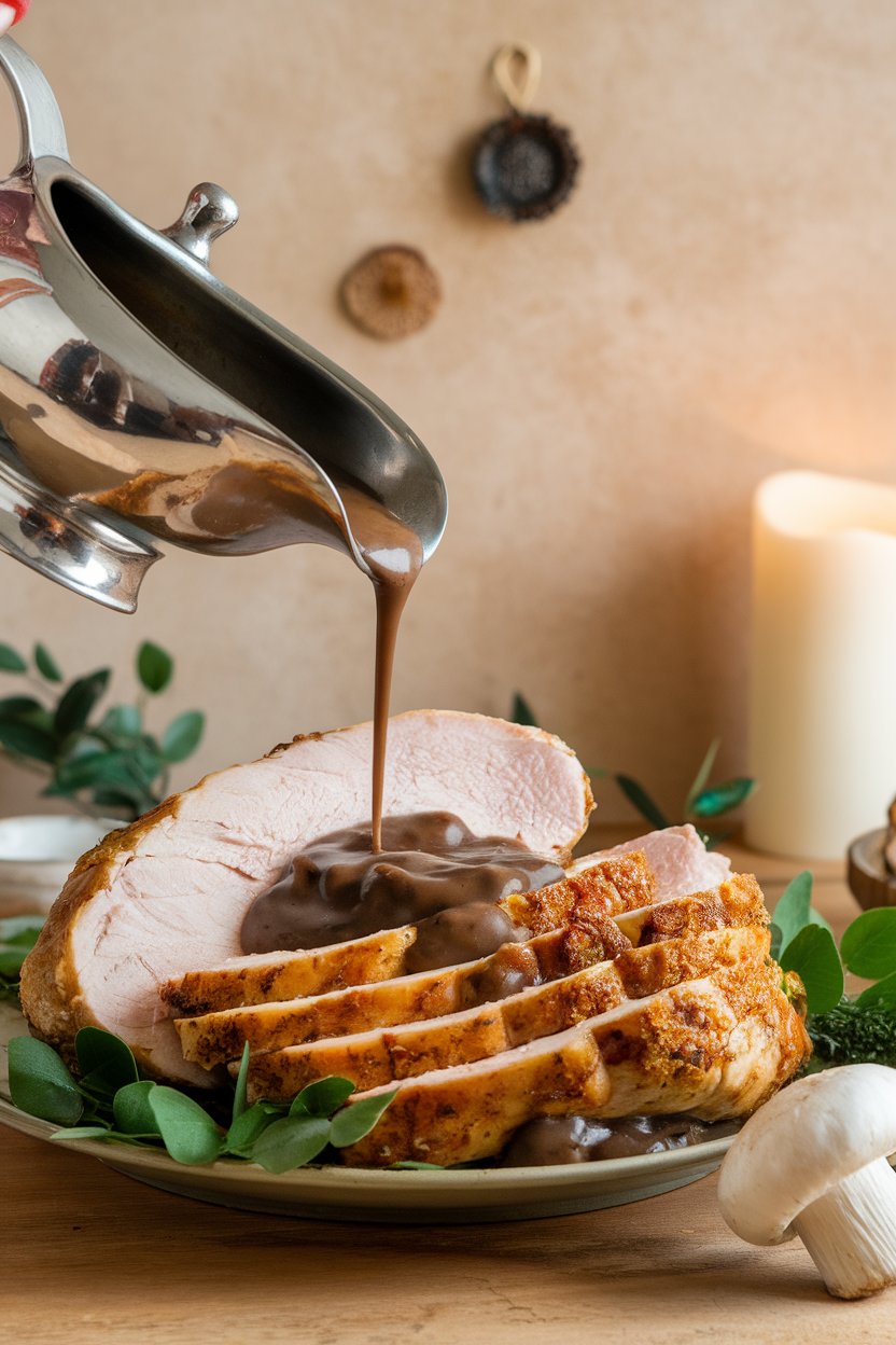 A gravy boat indoors pouring dark mushroom gravy over slices of turkey, no logos visible; photo only