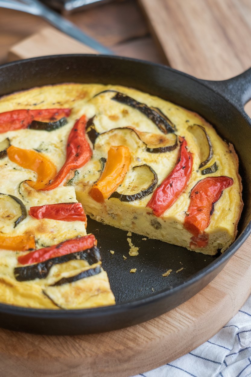 Indoor skillet showcasing a golden frittata speckled with roasted peppers, zucchini, and onion; slice missing to reveal interior; photo, no text or logos.