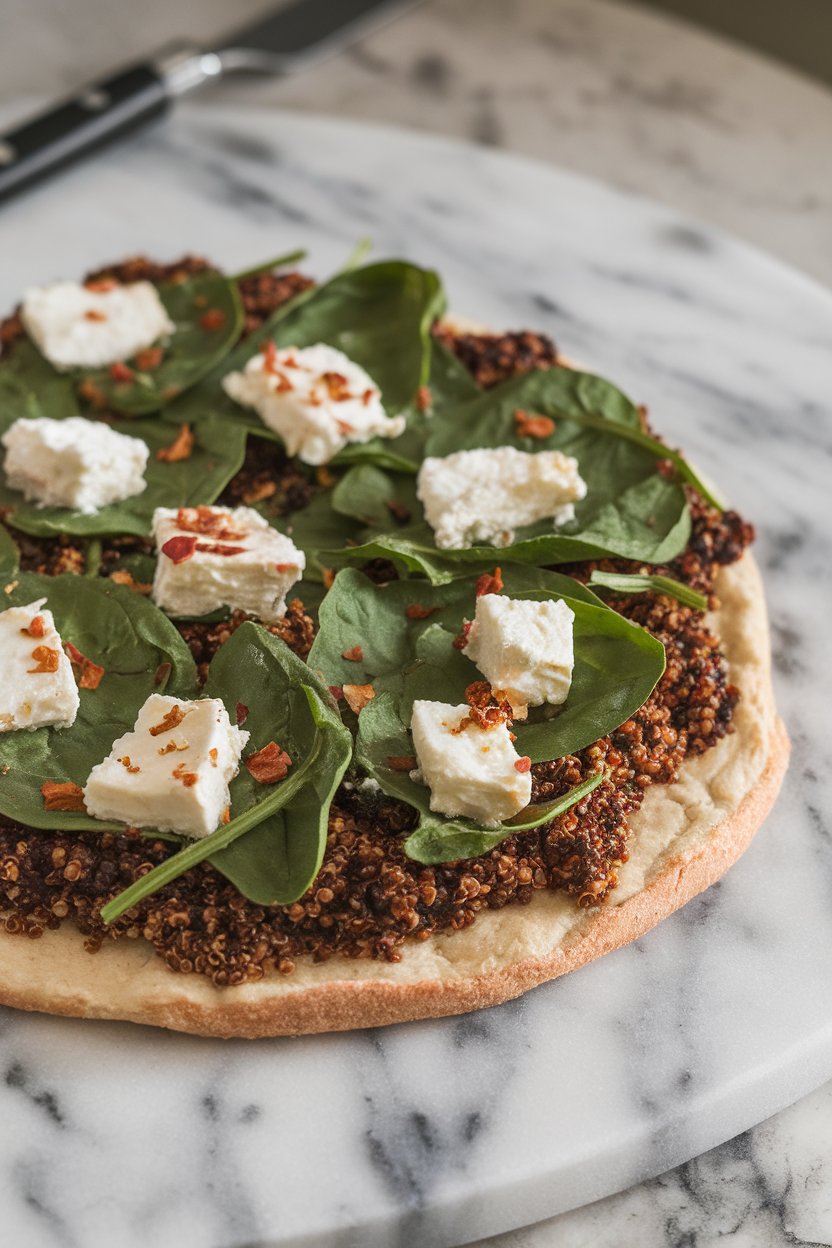 Indoor photo of round quinoa-crust pizza topped with wilted spinach, feta chunks, and red pepper flakes on a marble surface, no text or logos