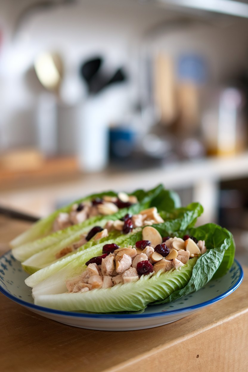 Indoor plate with romaine leaves stuffed with diced chicken, dried cranberries, and sliced almonds. No logos or text.
