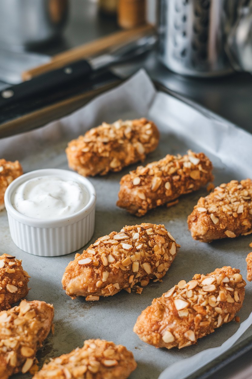 An indoor baking sheet holding golden almond-crusted chicken tenders with a small ramekin of yogurt dip, no text or logos.