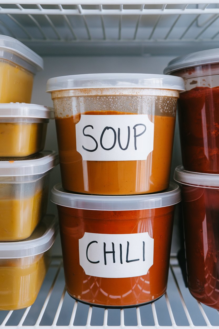 Freezer shelf with labeled, unlabeled clear containers of soup and chili, condensate on lids, no readable writing.