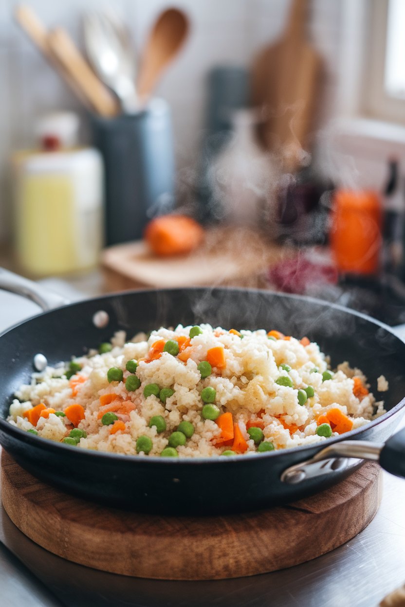 Photo — A skillet indoors sautéing cauliflower rice with peas and carrots, steam rising. No text or logos visible.