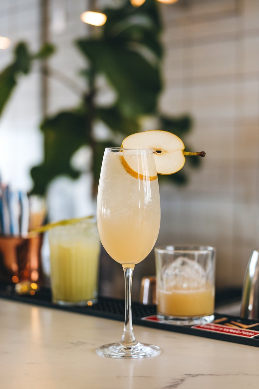 An indoor bar with a flute of pale pear-colored Ginger Pear Fizz, thin pear slice floating. No text or logos.