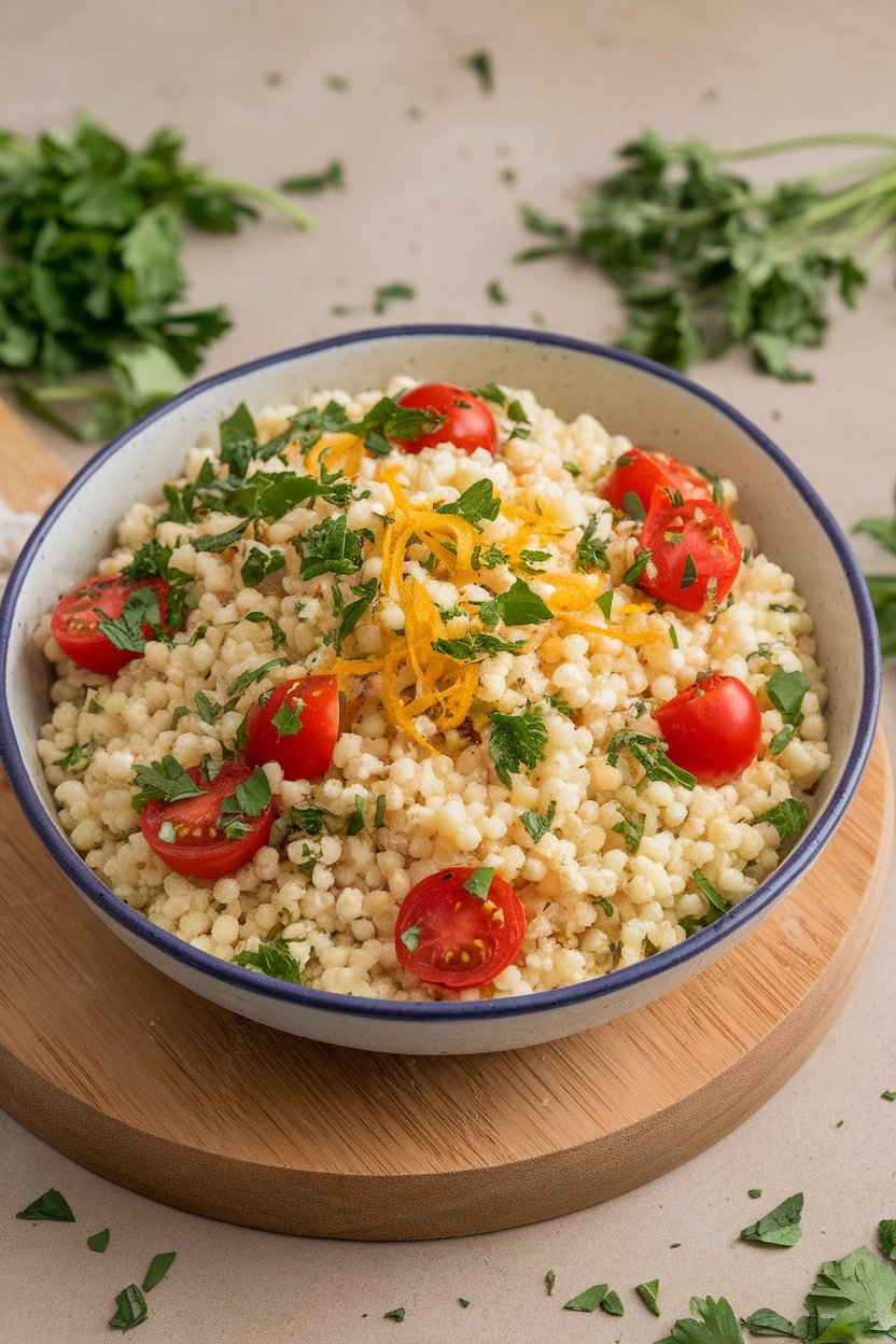 Indoor bowl of fluffy couscous mixed with chopped parsley, cherry tomatoes, and lemon zest; neutral background; photo, no text or logos.
