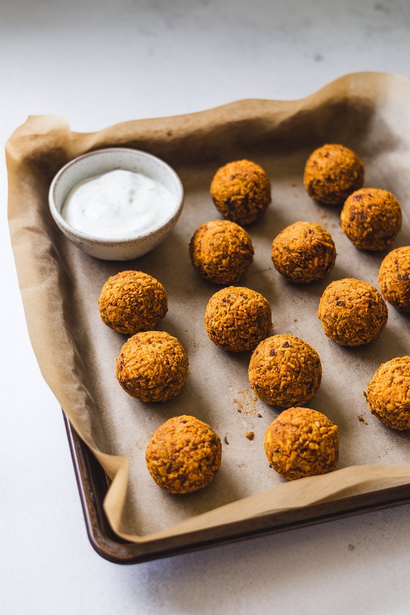 A parchment-lined indoor baking sheet of golden baked falafel balls beside a small bowl of yogurt dip; no text or logos.