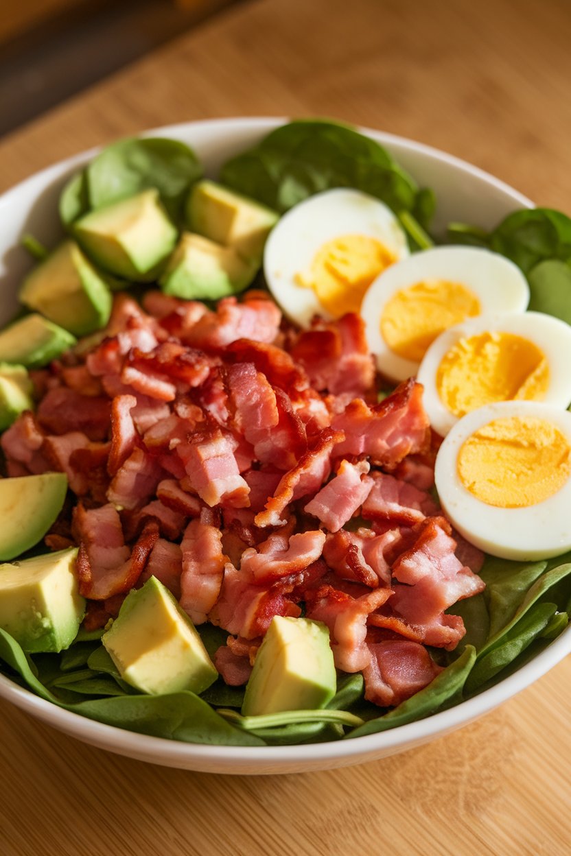 Indoor photo of a breakfast salad with chopped turkey bacon, avocado cubes, hard-boiled egg slices, and baby spinach, no text or logos