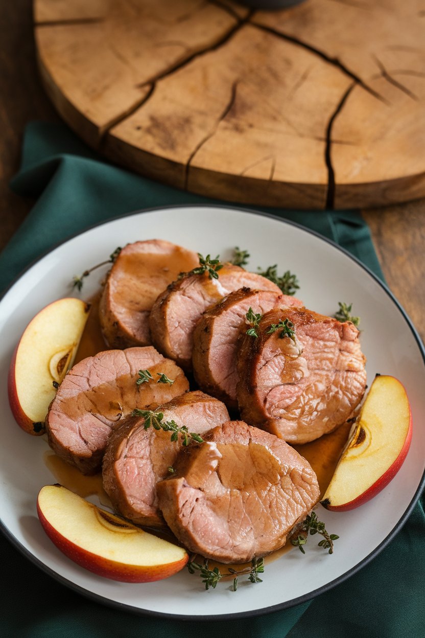 An indoor dining setup with medallions of roasted pork loin drizzled with maple glaze, roasted apple wedges alongside—no logos or text. Photo.