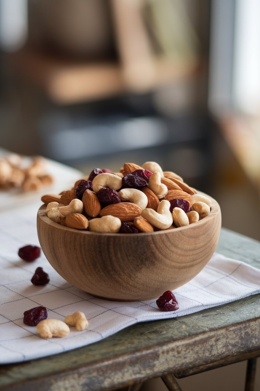 An indoor snack bowl filled with an assortment of almonds, cashews, and dried cranberries, photo, no text or logos.