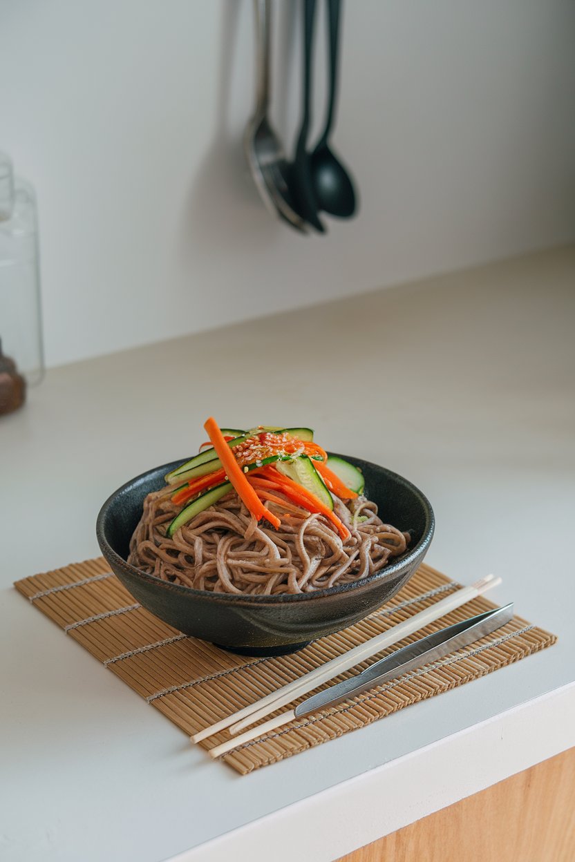 Indoor countertop holding a bowl of chilled soba noodles tossed with julienned cucumbers, carrots, red bell pepper, and sesame seeds. Photo only, no text or logos.
