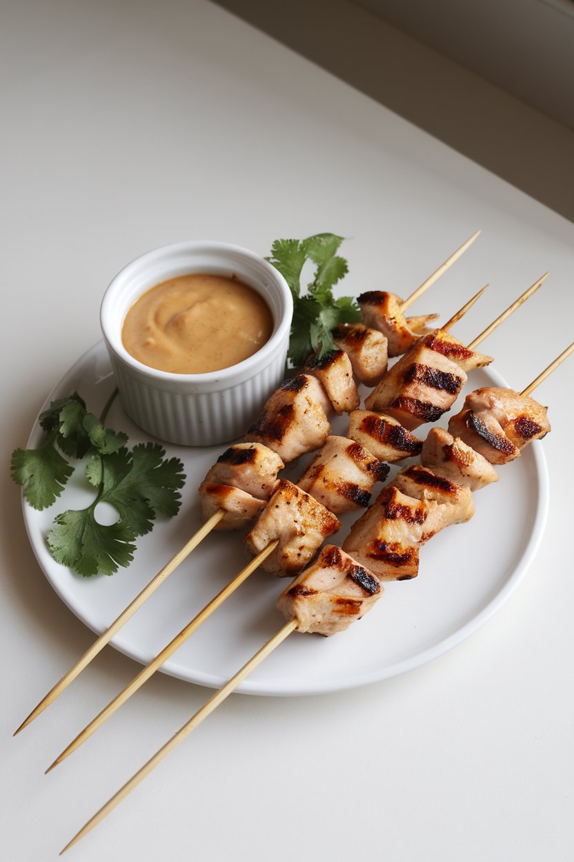 Short indoor skewers of grilled chicken satay with ramekin of peanut sauce, cilantro garnish. No text or logos. Photo.