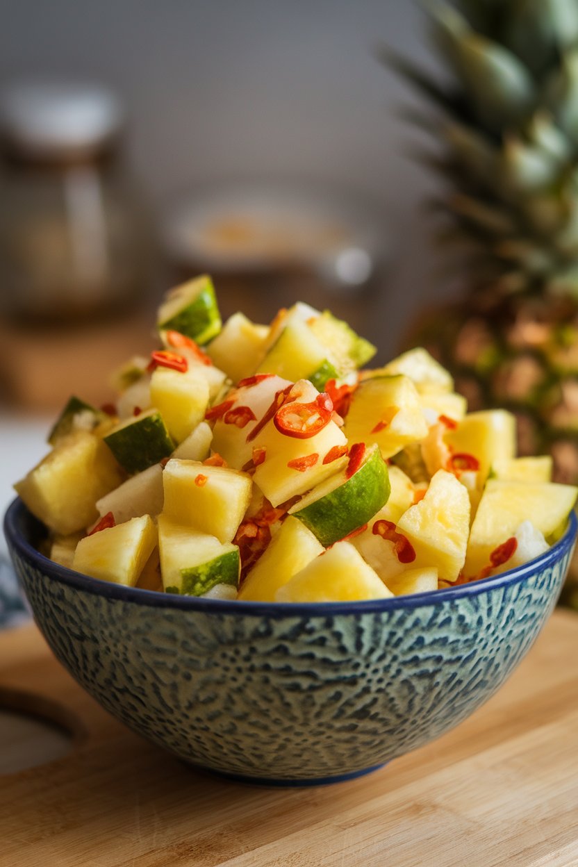 Photo of diced pineapple and jicama tossed with chili flakes and lime juice in a bowl indoors, no text or logos.