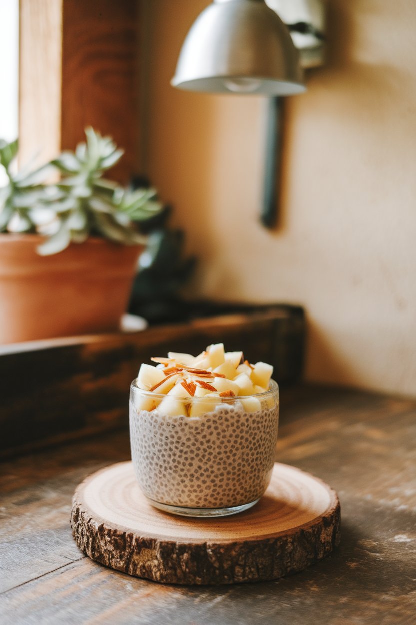 Photo of a small glass bowl with chia pudding, diced apples, and slivered almonds on top, sitting on an indoor breakfast nook table. No logos or text.