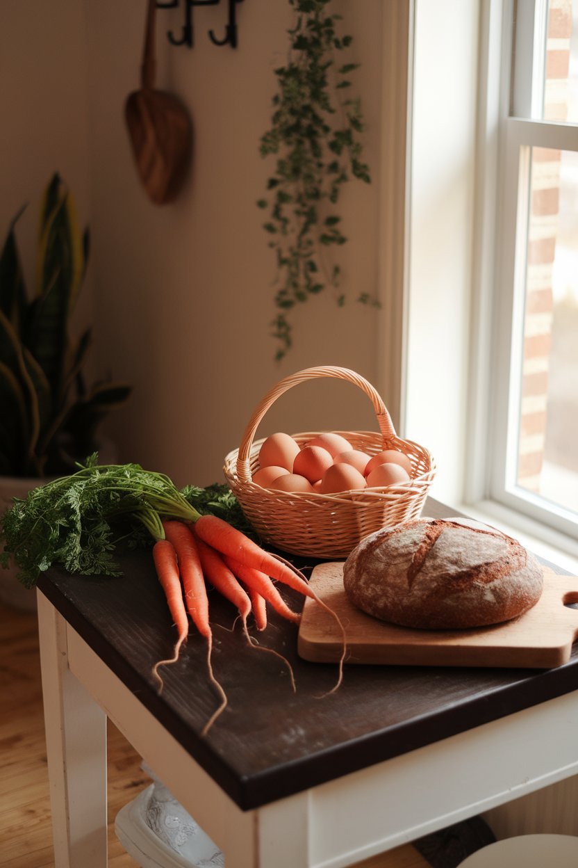 Photo of an indoor farmhouse table with a basket of fresh eggs, carrots with tops, and a loaf of whole-grain bread; warm morning light; no text or logos.