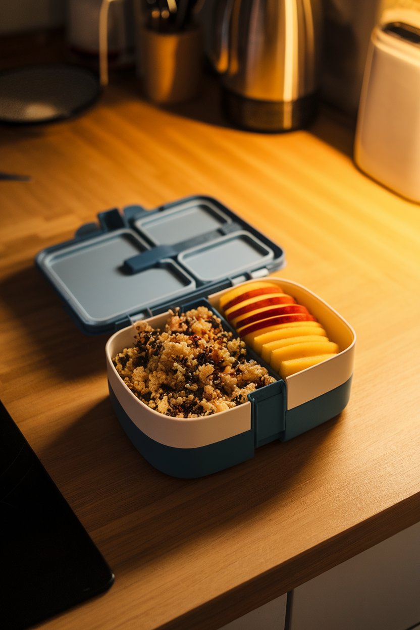 Photo of a reusable lunchbox being filled with quinoa salad and sliced fruit on a kitchen counter at night, warm indoor light, no text or logos.