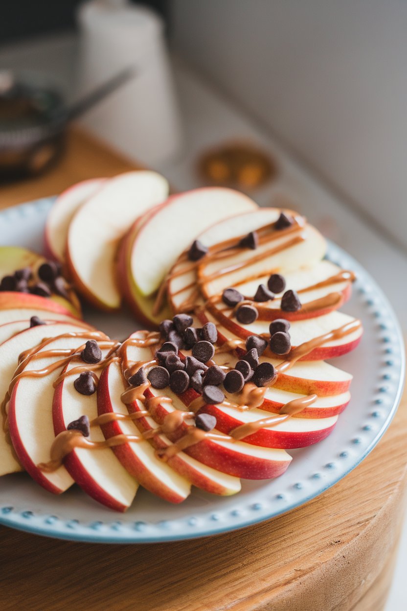 Indoor photo of thin apple slices fanned on a plate, drizzled with almond butter and sprinkled with mini dark chocolate chips. No text or logos.