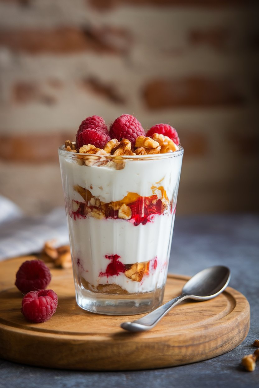 Indoor photo of a parfait glass layered with thick Greek yogurt, a drizzle of honey, crushed walnuts, and fresh raspberries; soft table lighting, no text or logos.