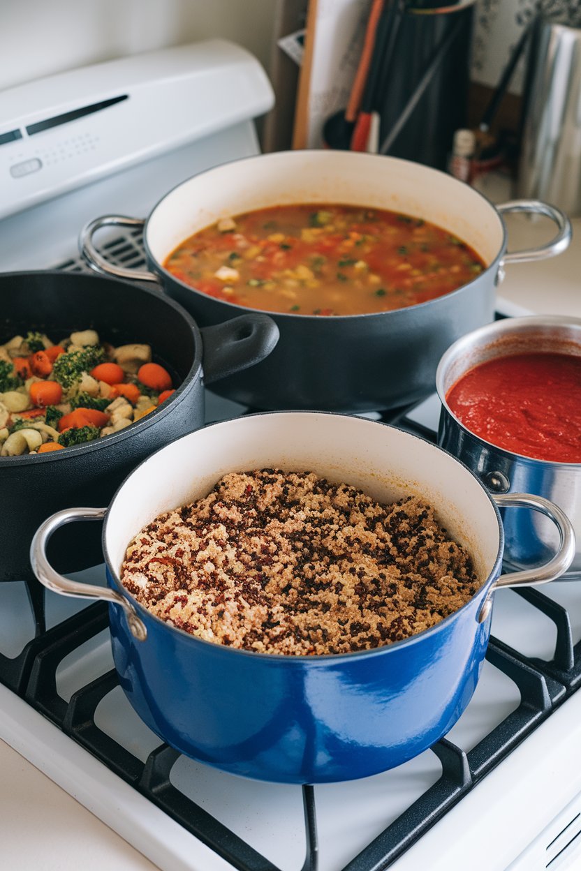 Photo of an indoor stovetop holding three simmering pots: quinoa, vegetable soup, and marinara sauce, all cooking simultaneously. No text or logos in scene.