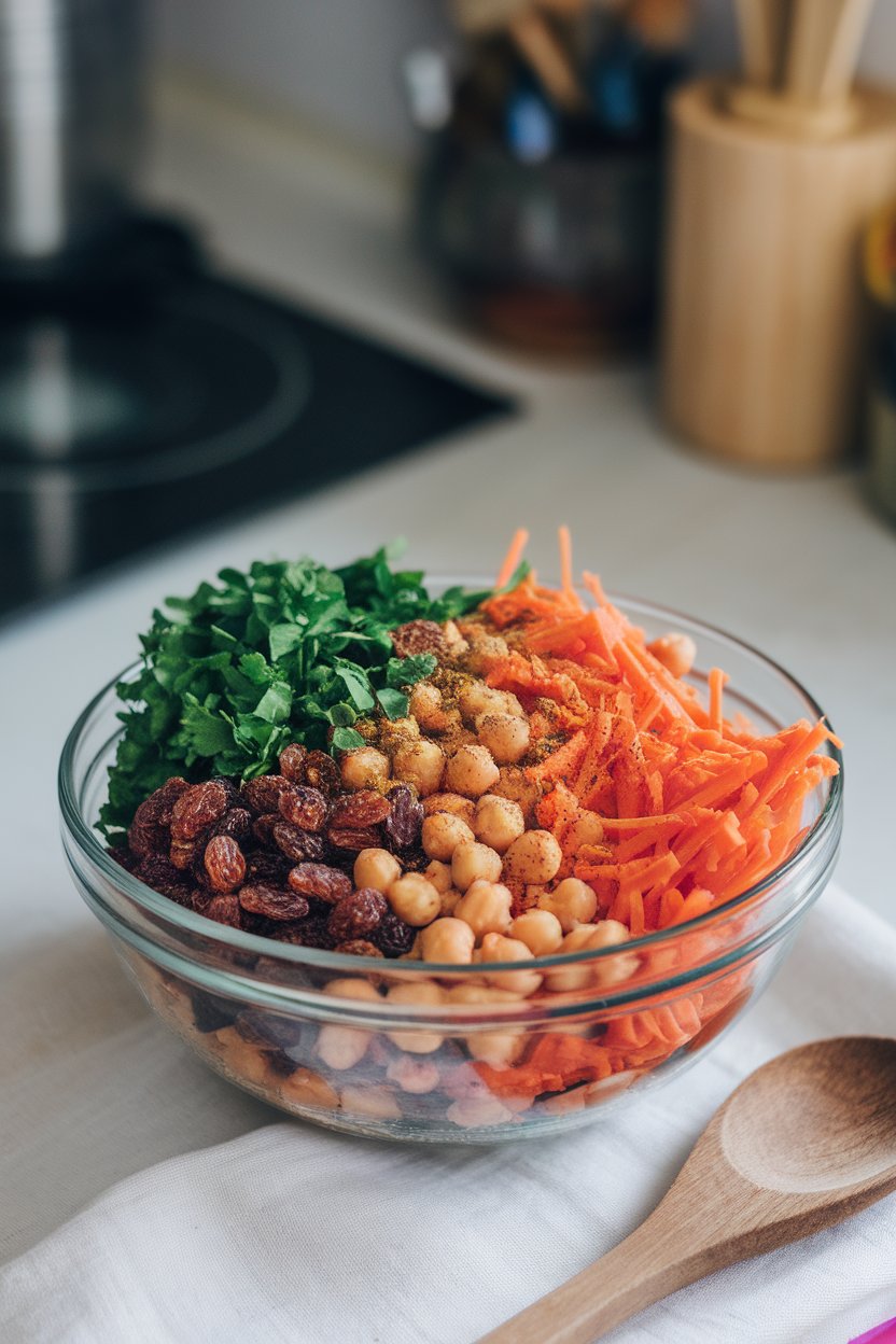Indoor countertop featuring a vibrant bowl of shredded carrots, chickpeas, raisins, and chopped parsley dusted with cumin. Photo only, no text or logos.